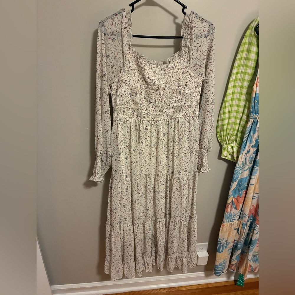 Floral Smocked Long Sleeve Midi Dress - Cream